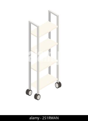Hohes, mobiles Regal mit mehreren Ebenen und Rädern. Minimalistisches Design für Krankenhäuser, Kliniken oder medizinische Aufbewahrungszwecke. Vektordarstellung iso Stock Vektor