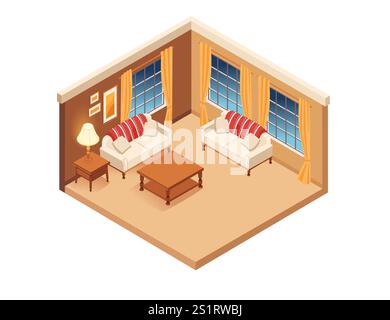 Isometrisches Wohnzimmer mit zwei Sofas, Couchtisch und großen Fenstern mit orangefarbenen Vorhängen. Ideal für Immobilienaktionen und Innenarchitekturprojekte Stock Vektor