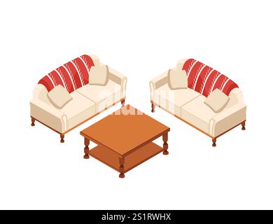 Isometrisches Wohnzimmer mit zwei Sofas und Couchtisch. Ideal für Möbelwerbung, Innendekorationen oder Immobilienmarketing. Vektorillust Stock Vektor