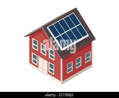 Isometrisches modernes Haus mit Solarpaneelen auf dem Dach. Ideal für erneuerbare Energien, umweltfreundliche Konzepte, nachhaltige Architektur oder grüne Technologie. V Stock Vektor