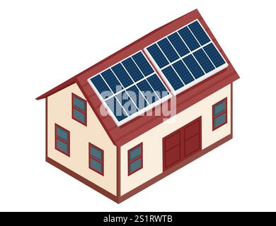 Isometrisches modernes Haus mit Solarpaneelen auf dem Dach. Ideal für erneuerbare Energien, umweltfreundliche Konzepte, nachhaltige Architektur oder grüne Technologie. V Stock Vektor