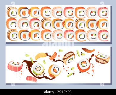 Horizontales Bannerdesign. Menükarte im Werbestil. Sushi-Brötchen-Sammlung von japanischen Street Fast Food mit Meeresfrüchten, Lachs, Thrimps und Reis mit c Stock Vektor