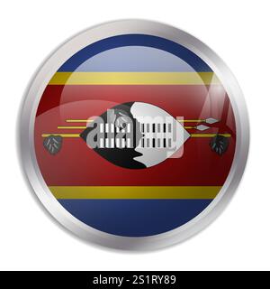 Eswatini-Flagge – auf dem glänzenden Kreisknopf wird eine farbenfrohe Flagge angezeigt, die eine kulturelle Identität und ein kulturelles Erbe des Landes darstellt. Das Wesen des nationalen Stolzes und der Einheit. Stock Vektor
