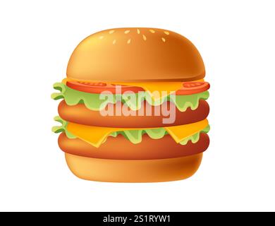 Cartoon-Burger im 3D-Stil mit zwei Patties, Tomaten, Käse und Salat. Süßes, leckeres Brötchen. Fastfood-Abendessen. Vektorillustration isoliert auf weißem Backgr Stock Vektor