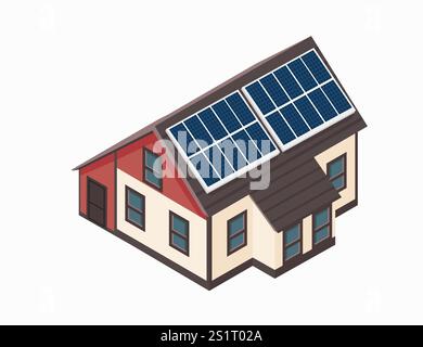 Isometrisches modernes Haus mit Solarpaneelen auf dem Dach. Ideal für erneuerbare Energien, umweltfreundliche Konzepte, nachhaltige Architektur oder grüne Technologie. V Stock Vektor
