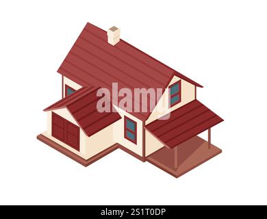 Isometrisches Vorstadthaus mit rotem Giebeldach, Kamin und zwei Veranden. Perfekt für Wohnkonzepte und Immobilienanzeigen. Isolat der Vektorabbildung Stock Vektor