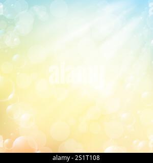 Strahlender Sommerhintergrund mit Bokeh und Lichtstrahlen. Leuchtende Farben eines Sommertages. Wärme. Sonne am Himmel und Sonnenschein oder Sonnenscheinfackeln. Glänzende Unschärfe de Stockfoto