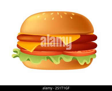Cartoon-Burger im 3D-Stil mit zwei Patties, Tomaten, Käse und Salat. Süßes, leckeres Brötchen. Fastfood-Abendessen. Vektorillustration isoliert auf weißem Backgr Stock Vektor