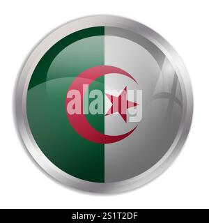 Algerien-Flagge – auf dem glänzenden Kreisknopf wird eine farbenfrohe Flagge angezeigt, die eine kulturelle Identität und ein kulturelles Erbe des Landes darstellt. Das Wesen des nationalen Stolzes und der Einheit. Stock Vektor