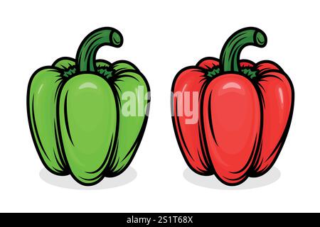 Zwei lebendige Vektor-Cartoon-Glockenpaprika in Grün und Rot. Seitenansicht. Designvorlage für Lebensmittelverpackungen, kulinarische Projekte, Küchendesigns. Hoch Stock Vektor