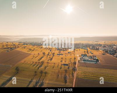 Weitläufige Felder und Bäume, umgeben ein Dorf unter hellen Sonnenstrahlen, Neubulach, Schwarzwald, Deutschland, Europa Stockfoto