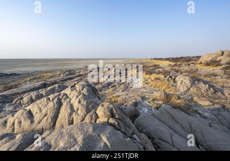 Blick über runde Felsen von Kubu Island (Lekubu) zur Salzpfanne, bei Sonnenaufgang Sowa Pfanne, Makgadikgadi Salzpfannen, Botswana, Afrika Stockfoto