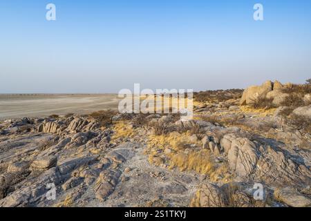 Blick über runde Felsen von Kubu Island (Lekubu) zur Salzpfanne, bei Sonnenaufgang Sowa Pfanne, Makgadikgadi Salzpfannen, Botswana, Afrika Stockfoto