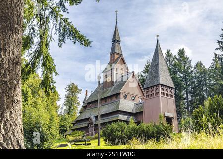 Berühmte Gustav-Adolf-Stabkirche in Hahnenklee Bocksklee im Harz, Deutschland, Europa Stockfoto