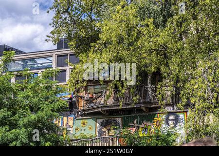 Balkone in Berlin mit Pflanzen und Blumen im Sommer. Schöner Balkon in Berlin mit Pflanzen und Blumen Stockfoto