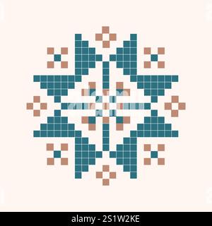 Geometrisches abstraktes Kreuzstichmuster mit roten und weißen Quadraten. Snowflake Pixel Art. Weihnachtsdekoration und Neujahrsdekoration. Vektorabbildung Stock Vektor