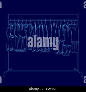 Blaue Linienzeichnung eines Kleiderständers mit Kleidung, die drauf hängt. Die Kleidung ist alle in verschiedenen Farben und Stilen, und das Rack ist hoch und schmal Stock Vektor