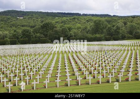 Friedhof unterhalb des Ossuariums von Douaumont zum Gedenken an die Schlacht von Verdun, hinter dem Memorial de Verdun, Maas, Frankreich, Europa Stockfoto