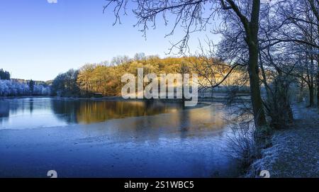 Wunderschöne Winterlandschaft mit Eis und Frost in der Sonne. Wunderschöne Winterlandschaft mit satinierten Bäumen Stockfoto