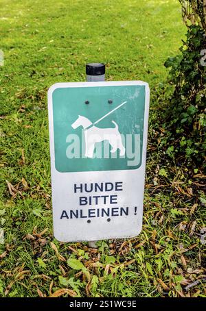 Bitte halten Sie Ihren Hund im Herbst in einem öffentlichen Park an der Leine Stockfoto