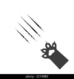 Katzenkratzer. Schwarzes blutiges Tierkrallenzeichen isoliert auf weißem Hintergrund. Löwen- oder Tiger-Kratzspuren. Schwarze Katze. Wilde Tierpfoten Stock Vektor