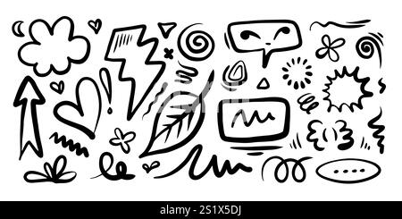 Blätter, Herzen, abstrakte, Bänder, Pfeile und andere Elemente in handgezeichneten Stilen für Konzeptdesigns. Illustration mit Kritzeleien. Vektorvorlage für Decora Stock Vektor