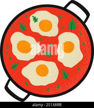 Shakshuk in der Pfanne. Traditionelles nahöstliches Essen. Handgezeichnete Vektorgrafik Stock Vektor