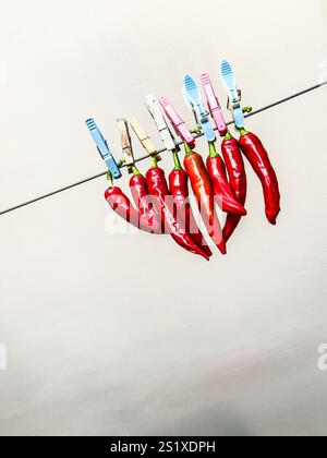 Rote Chilischoten, die auf einer Wäscheleine trocknen, die von Wäscheschneiden gehalten wird Stockfoto