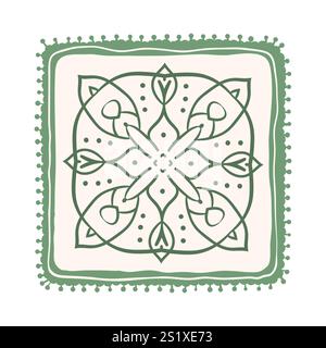 Quadratische Fliesen mit Folk-Ornamenten und Retro-Rahmen. Vektor-handgezeichnete Illustration isoliert auf weißem Hintergrund. Stock Vektor