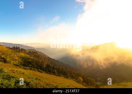 Bergkette und Nebel bei Sonnenuntergang. Landschaft mit Nebel und waldbedeckten Gebirgszügen. Stockfoto