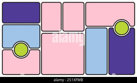 Schablone mit gerahmten Kanten. Bento Collage Rasterformen. Geometrische modulare Moodboard-Ränder mit Perforation. Label Textboxen Rüschenpackung mit Spitze. Trendig Stock Vektor