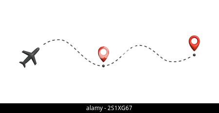Das Flugzeug fliegt auf einer gestrichelten Linie zwischen zwei roten Positionsnadeln. Repräsentiert Reisen, Navigation, Reiseplanung, Tourismus, Luftfahrt Stock Vektor