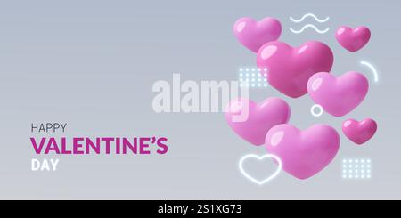 Abstraktes Banner zum Happy Valentines Day mit pinkfarbenen 3D-Herzen und geometrischen Formen in Neonleuchten Stock Vektor