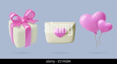 Geschenkbox mit 3D-Ikonen zum Valentinstag mit rosa Schleife, romantischem Buchstaben und herzförmigen Partyballons Stock Vektor