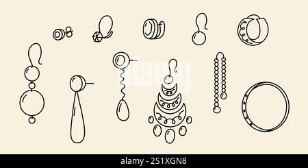 Doodle Ohrringe Zeichensatz. Verschiedene Arten von Hand gezeichnetem Frauenschmuck Umrissvektor Illustration Stock Vektor