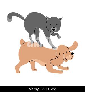 Eine Katze und ein Hund spielen und kämpfen. Lustige süße Haustiere. Tierleben. Karikaturvektor-Illustration isoliert auf weißem Hintergrund Stock Vektor