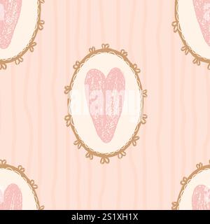 Herzen im ovalen Vintage-Rahmen mit nahtlosem Muster. Die Coquette-Streifen am Valentinstag wiederholen den Hintergrund. Liebessymbole endlose Kulisse. Oberflächenmuster desig Stock Vektor