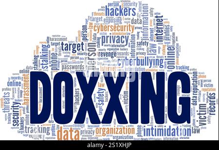 Doxxing Word Cloud Konzeptdesign isoliert auf weißem Hintergrund. Stock Vektor