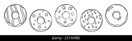 Satz von verschiedenen Donuts Kritzelumrandung schwarz-weiße Vektor-Illustration Stock Vektor