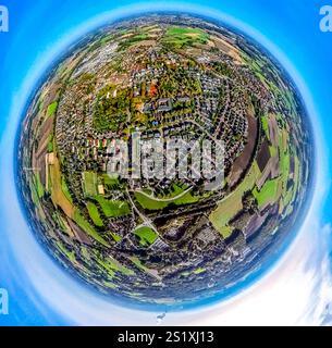 Luftaufnahme, Wohngebiet, Ortsansicht Bork, Erdkugel, Fischaugenbild, 360°-Bild, winzige Welt, kleiner Planet, Fischaugenbild, Bork, Selm, Ru Stockfoto