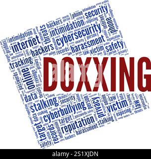 Doxxing Word Cloud Konzeptdesign isoliert auf weißem Hintergrund. Stock Vektor