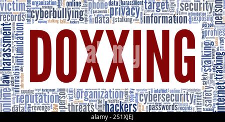 Doxxing Word Cloud Konzeptdesign isoliert auf weißem Hintergrund. Stock Vektor