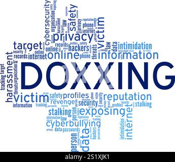 Doxxing Word Cloud Konzeptdesign isoliert auf weißem Hintergrund. Stock Vektor