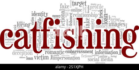Catfishing Wortwolke Konzeptdesign isoliert auf weißem Hintergrund. Stock Vektor