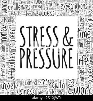 Conceptual Design von Stress and Pressure Word Cloud isoliert auf weißem Hintergrund. Stock Vektor