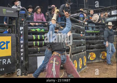 Andrew Alvidrez reitet in der zweiten Runde des Professional Bull Riders 2025 im Madison Square Garden auf Teddy. (Foto: Ron Adar / SOPA Images/SIPA USA) Stockfoto