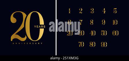 Goldene Jubiläumsnummern auf dunklem Hintergrund. Elegante Typografie für Meilensteinfeiern, Firmenveranstaltungen oder Branding. Luxuriöser Vektor Stock Vektor