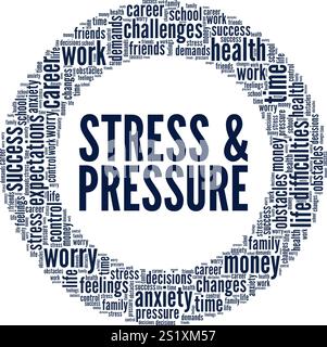 Conceptual Design von Stress and Pressure Word Cloud isoliert auf weißem Hintergrund. Stock Vektor