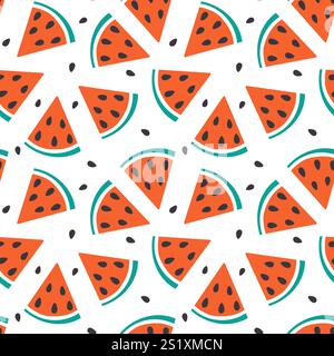 Dreieckige Wassermelonenscheiben mit nahtlosem Muster. Hintergrund- oder Tapetenstruktur im Sommer. Isolierte Vektor-Illustration Thematische Karten Hintergrund, Veröffentlichung oder Web-Werbematerialien, Faltblatt, Tag Stock Vektor