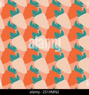 Rote und weiße Erdbeere mit nahtlosem Blättermuster in trendigen Farbtönen. Hintergrund der Sommerfrucht. Isolierte Vektor Illustration Hintergrundbild, Verpackung oder Web Promo Thematische oder Menükarten Hintergrund, Tag Stock Vektor